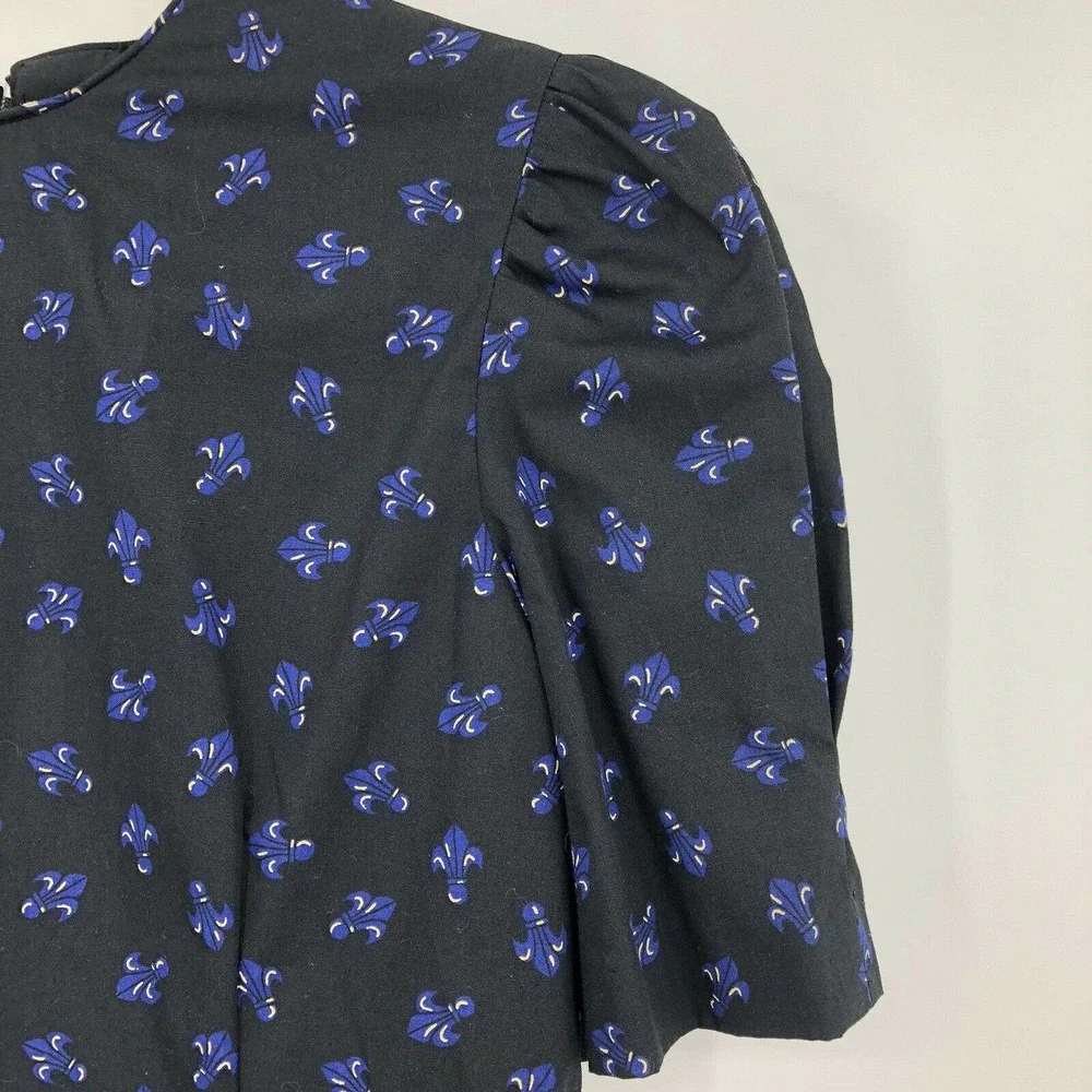 VINTAGE Grandchildren Dress 1980s Sz 14 NWT Black Blue Fleur De Lis Poof Sleeve - Picture 4 of 7